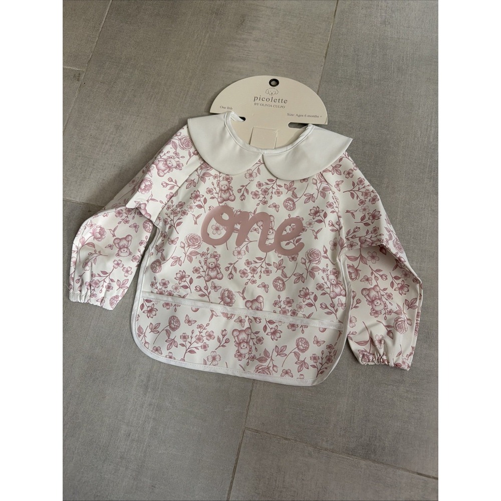 Picolette Olivia Culpo 1st Birthday Floral Teddy Bear Long Sleeve Smock Bib NEW